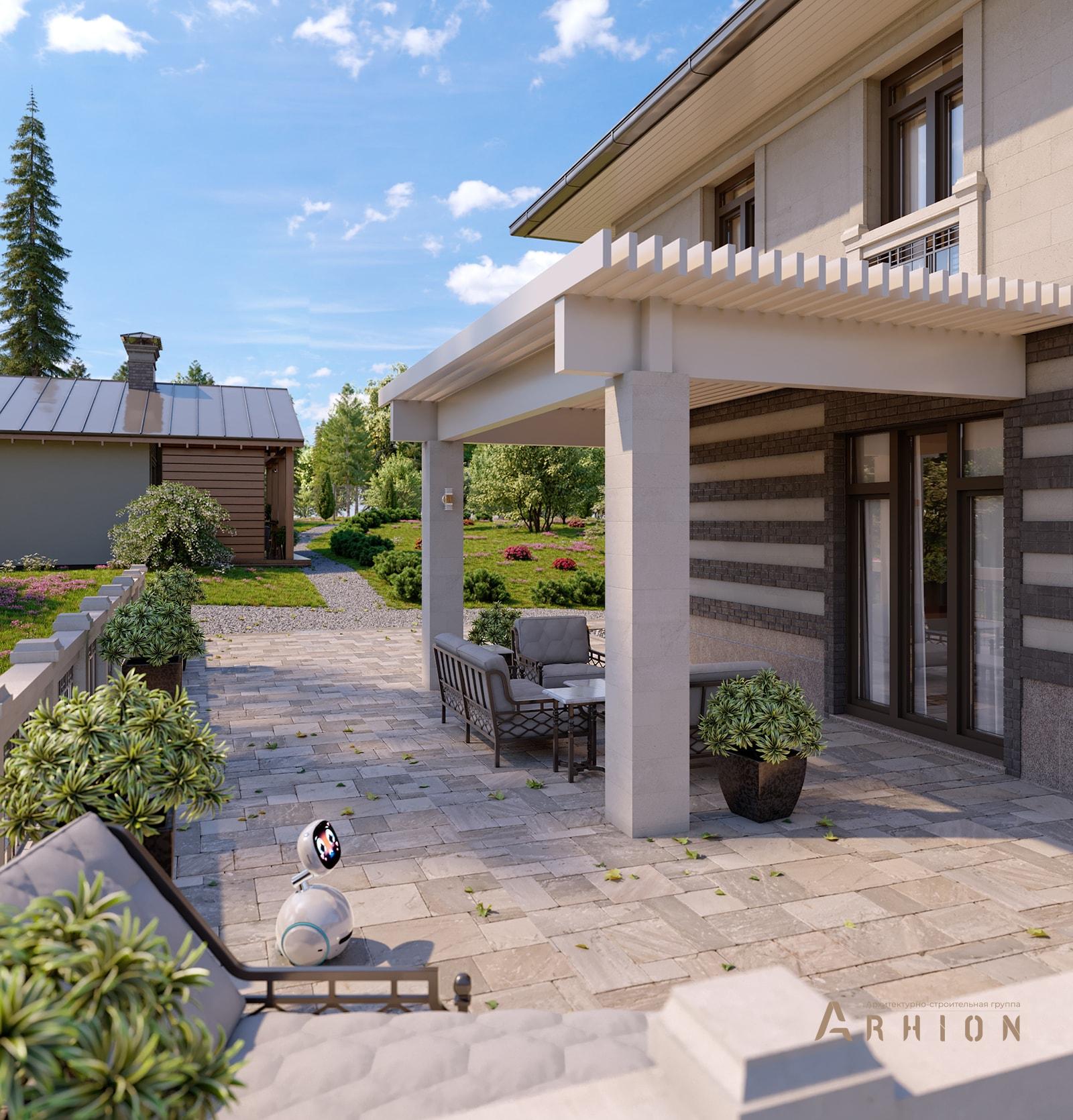 2. Проект двухэтажного дома в современном стиле с многоскатной кровлей, av-500, площадью - 500 кв c цокольным этажом, терассой, балконом, гаражом, эркером